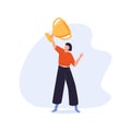 A cute cartoon woman winners with golden cup, winner success business concept, office worker holding golden. Thin line Royalty Free Stock Photo