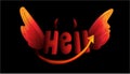 Cute cartoon word Hell with devil horns, tail and evil wings on black background. Vector illustration of hell concept