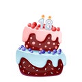 Cute cartoon 18 year birthday festive cake with candle number eighteen. Chocolate biscuit with berries, cherries and blueberries. Royalty Free Stock Photo