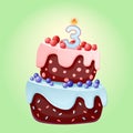 Cute cartoon 3 year birthday festive cake with candle number three. Chocolate biscuit with berries, cherries and blueberries. For Royalty Free Stock Photo