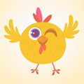 Cute cartoon yellow chicken blinking eye. Farm animals. Vector illustration of a cute chicken. Mock up for print decoration Royalty Free Stock Photo