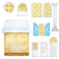 Cute cartoon yellow house, windows, doors, constructor on white background. Elements set Perfect for creating your house