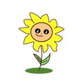 Cute cartoon yellow kawaii sunflower with big eyes smiling. Flat vector illustration of a blooming flower.