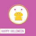 Cute cartoon yellow monster girl. Violet backgroun