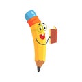 Cute cartoon yellow pencil character reading a book Royalty Free Stock Photo