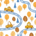 Cute cartoon yellow retro taxi drives along the road in the autumn wood. Childrens cartoon illustration scandinavian style. For