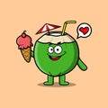 Cute Cartoon Young coconut holding ice cream cone