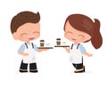 cute cartoon young coffee cafe waiter or barista in blue shirt uniform set