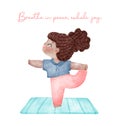 A cute young girl practices flamingo yoga pose in this vibrant pastel watercolor illustration. Embrace balance, harmony, and