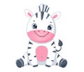 Cute cartoon zebra baby sits. Children illustration.Isolated on white background Royalty Free Stock Photo