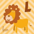 Cute cartoon zoo illustrated alphabet with funny animals. Spanish alphabet: L for Leon. Royalty Free Stock Photo