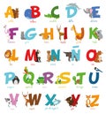 Cute cartoon zoo illustrated alphabet with funny animals. Spanish alphabet. Royalty Free Stock Photo