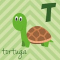 Cute cartoon zoo illustrated alphabet with funny animals. Spanish alphabet: T for Tortuga.