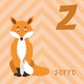 Cute cartoon zoo illustrated alphabet with funny animals. Spanish alphabet: Z for Zorro.