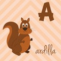 Cute cartoon zoo illustrated alphabet with funny animals. Spanish alphabet: A for Ardilla. Royalty Free Stock Photo