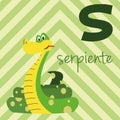 Cute cartoon zoo illustrated alphabet with funny animals. Spanish alphabet: S for Serpiente. Royalty Free Stock Photo