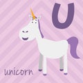 Cute cartoon zoo illustrated alphabet with funny animals: U for Unicorn. Royalty Free Stock Photo