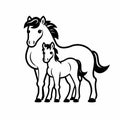 Cute Cartoonish Black And White Mare And Foal Illustration