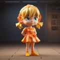 Cute Cartoonish Girl Figurine In Orange Dress - Studio Portrait
