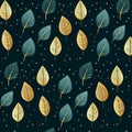 Cute Cartoonish Gold Leaves On Dark Blue Seamless Background