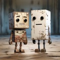 Cute Cartoonish Robots In An Old Building - 3d Illustration