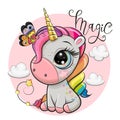 Cute Cartoonl unicorn with rainbow mane and clouds