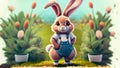 Cute Cartoons Bunny in Overalls in a Garden, generative Ai