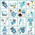 Cute cartoons icons for baby boy.Baby care set