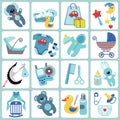 Cute cartoons icons for baby boy. Newborn set