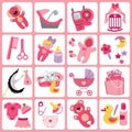 Cute cartoons icons for baby girl.Newborn set Royalty Free Stock Photo