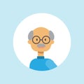 Cute casual grandfather face happy man portrait on blue background, male avatar