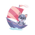 Cute cat animal sailing on boat. Vector funny cartoon sailor on sailboat with water waves isolated on white background Royalty Free Stock Photo