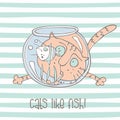 Cute cat with aquarium and fish. Vector illustration Royalty Free Stock Photo