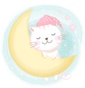 Cute cat asleep hand drawn cartoon illustration background Royalty Free Stock Photo