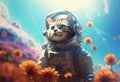 Cute cat astronaut in a space suit with a helmet stands in the meadow of flowers on another planet. Royalty Free Stock Photo