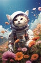 Cute cat astronaut in a space suit with a helmet stands in the meadow of flowers on another planet. Royalty Free Stock Photo