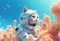 Cute cat astronaut in a space suit with a helmet stands in the meadow of flowers on another planet. Royalty Free Stock Photo