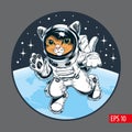 Cute cat astronaut in spacesuit floating in outer space.