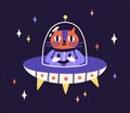 Cute cat astronaut traveling in outer space in intergalactic spaceship. Animal cosmonaut in flying saucer. Childish UFO