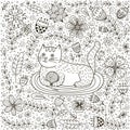 Cute cat with a ball of yarn and doodle flowers Royalty Free Stock Photo