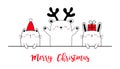 Cute cat bear bunny. Merry Christmas Happy New Year. Red Santa hat, deer horns. Funny kawaii doodle animal set. Line kitten kitty Royalty Free Stock Photo