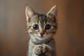 Cute cat with big eyes looks into the camera and asks holding paws together. The image is generated with the use of an AI.