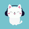 Cute cat in black headphones earphones. Kitten listen to music with closed eyes, pink tongue, ears, tail. Cartoon kawaii funny