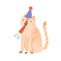 Cute cat blow in festive whistle vector flat illustration. Funny domestic animal in cone hat celebrating birthday or
