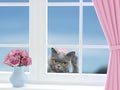 Cute cat with bow-knot looking through the window