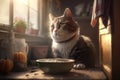 Cute cat with bowl of cereal on table in kitchen at home Royalty Free Stock Photo