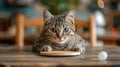 Cat looking at a ball on a tennis table with a blurred background