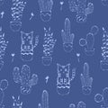 Cute cat and Cactus seamless pattern. Childish illustration. Lineart on blue background. Hand drawn cactus and cat. Home plants Royalty Free Stock Photo