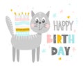 Cute cat with cake .Happy birthday. Greeting card, banner, poster. Scandinavian style flat design. Concept for children print. Vec Royalty Free Stock Photo