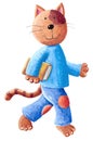 A cute cat carries a book under his arm and goes to school